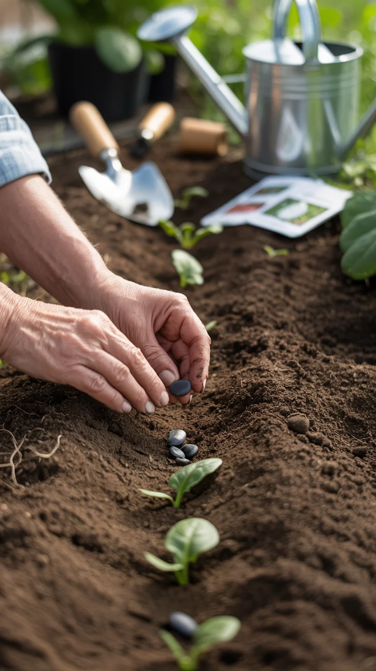 Hands planting spinach seeds in soil, gardening tools nearby
