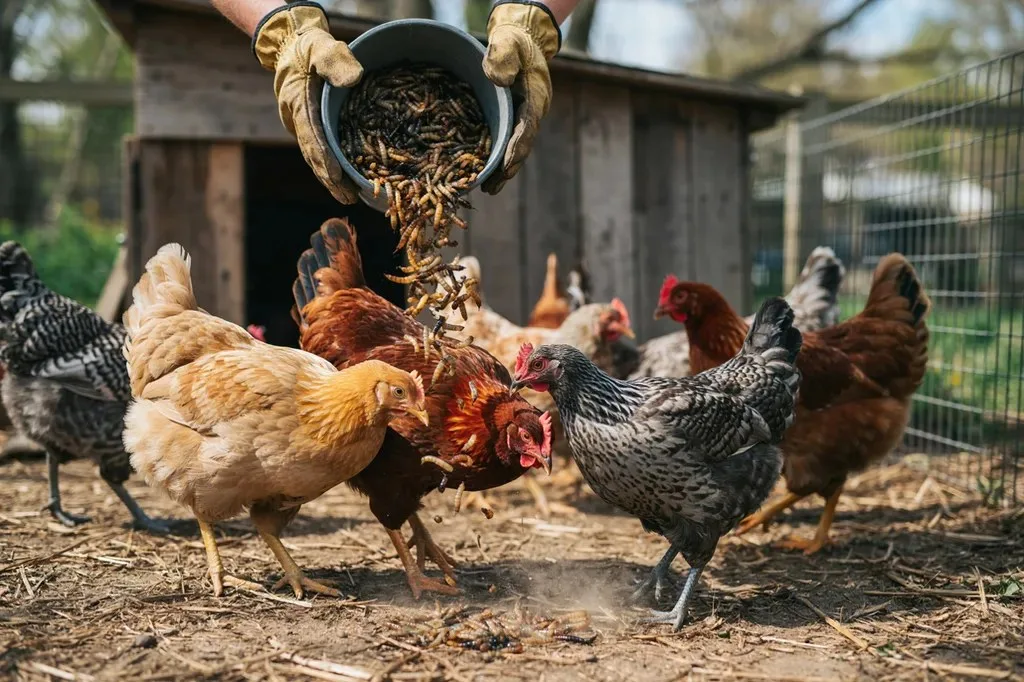 Backyard hens rushing to eat black soldier fly larvae
