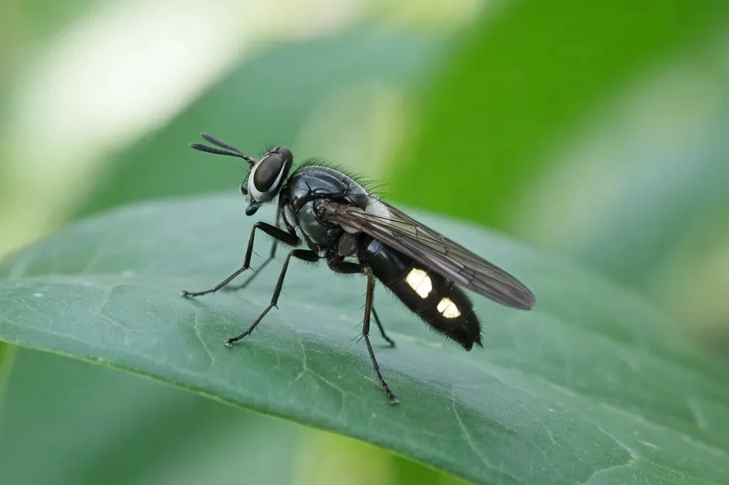 Adult black soldier fly, slim and wasp-like
