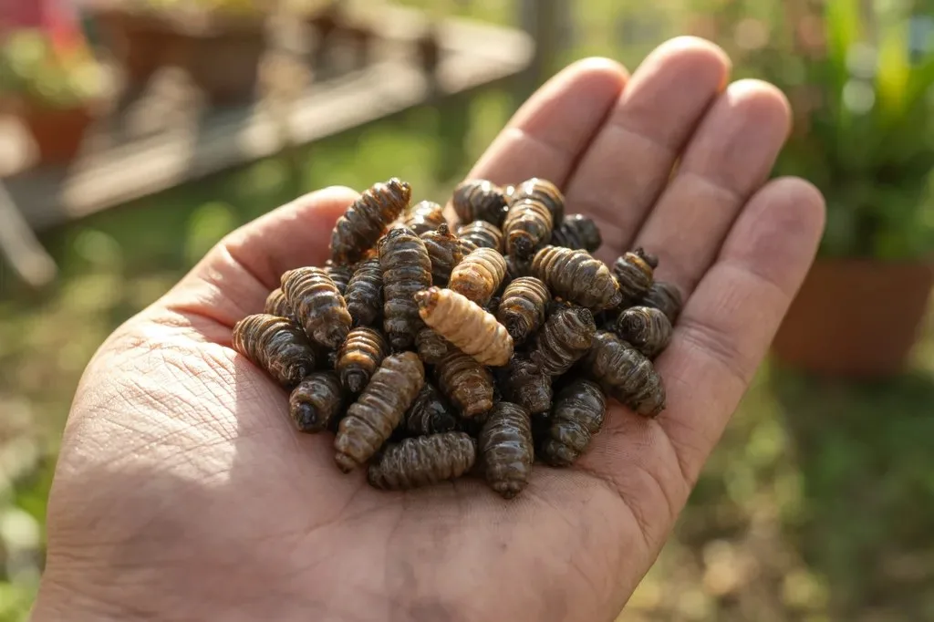Mature black soldier fly larvae ready for chickens