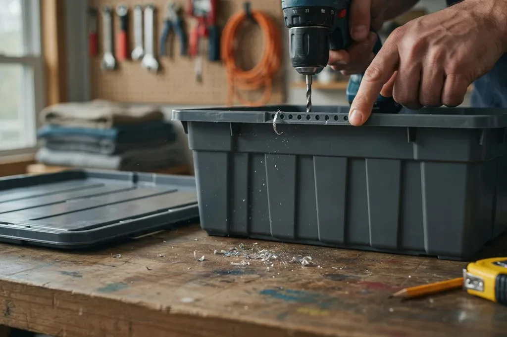Drilling fly entry holes under the tote lid