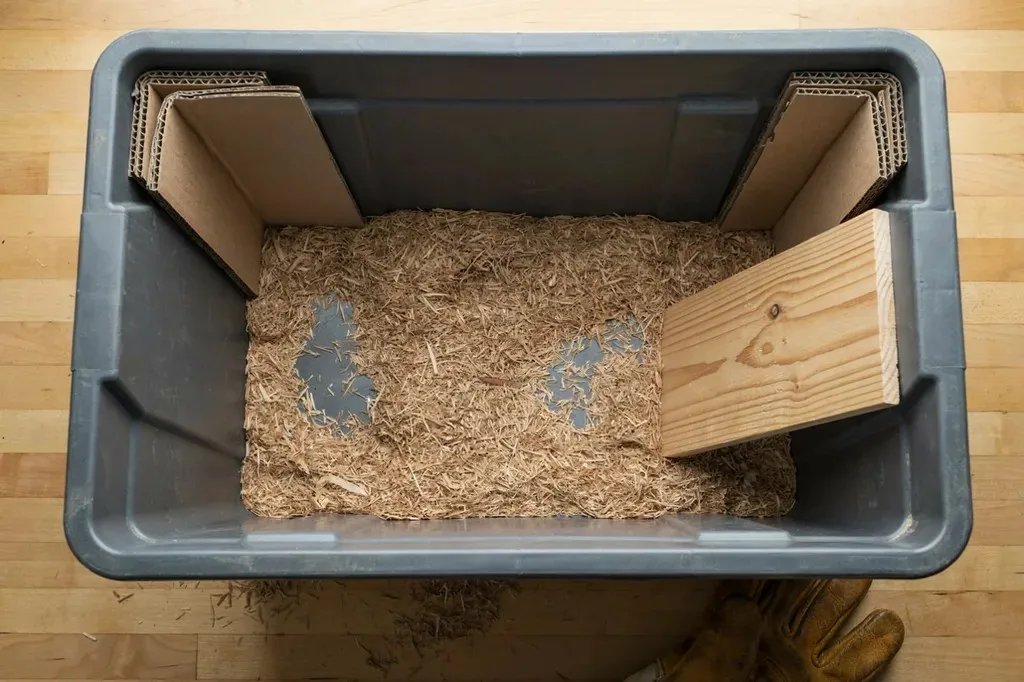 Cardboard bedding inside the larvae bin