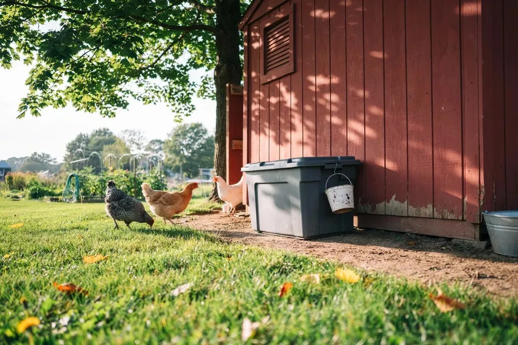 Larvae bin placed in part shade beside the coop