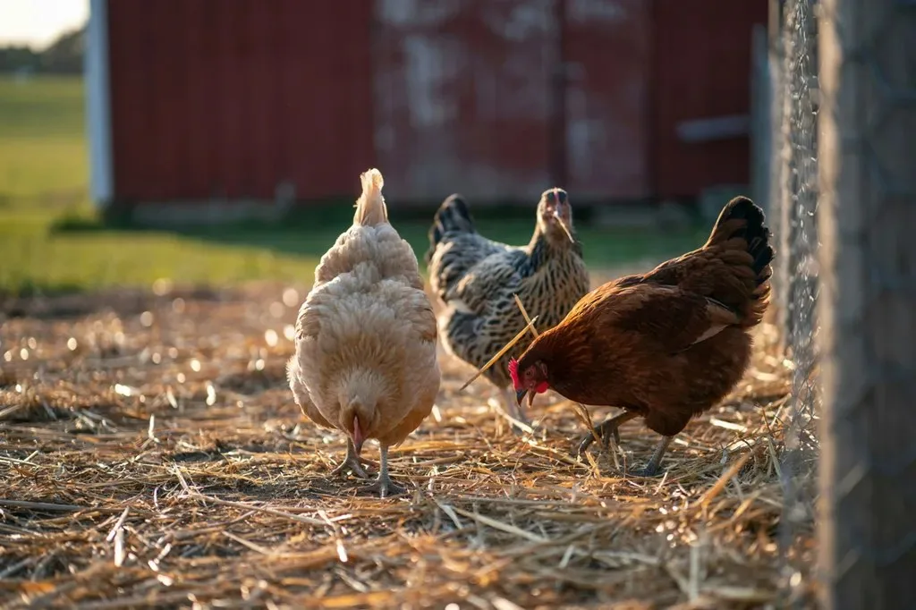 Hens foraging for scattered larvae in the run