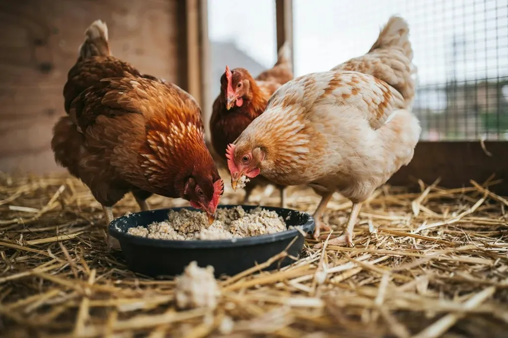 Hens eating wet fermented feed from a shallow dish