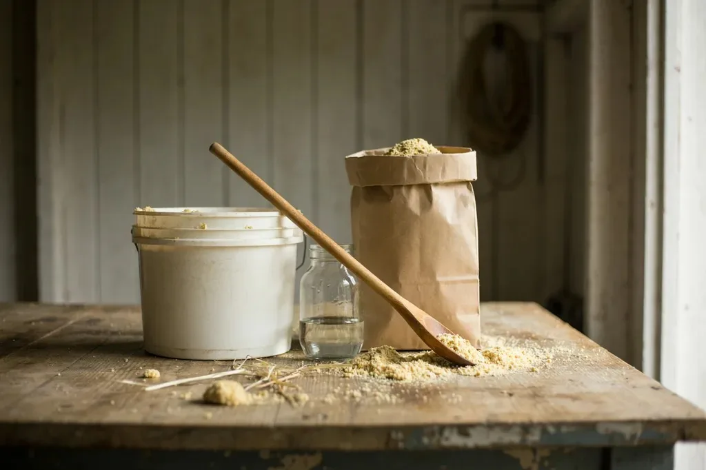 A food-grade bucket, layer feed, water and a wooden spoon