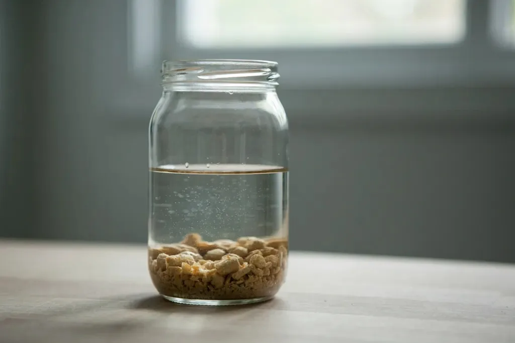 Glass jar of feed covered with water above the feed line