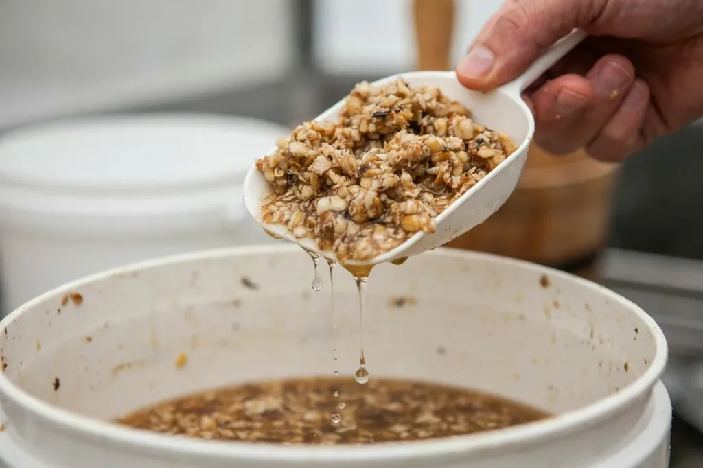 Scooping drained fermented feed from a bucket