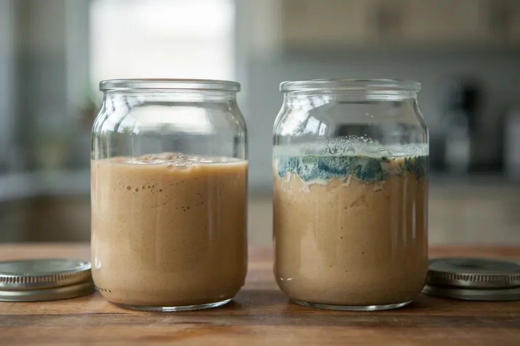 Healthy fermented feed next to a spoiled moldy batch