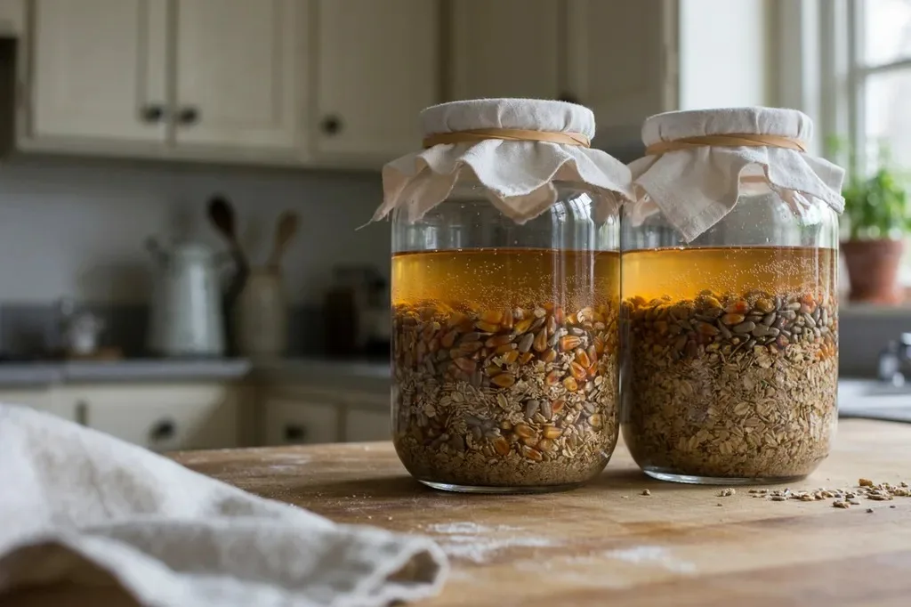 Two jars of fermenting feed staggered by one day