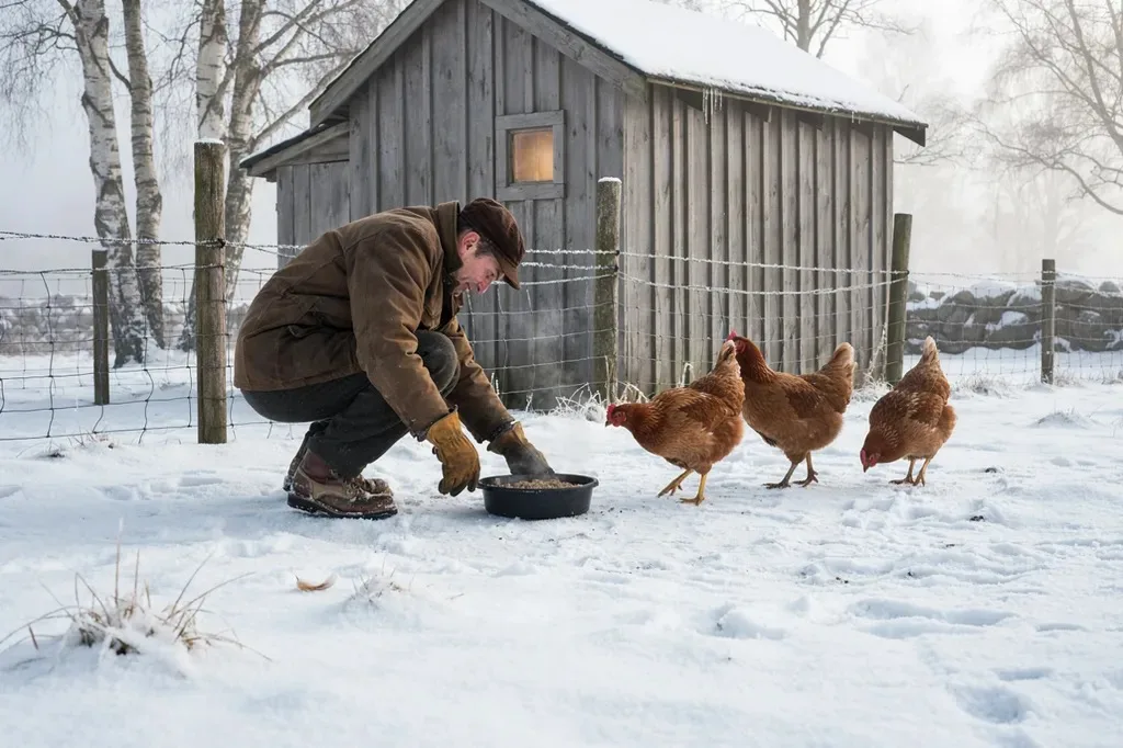 Serving fermented feed to hens on a cold morning