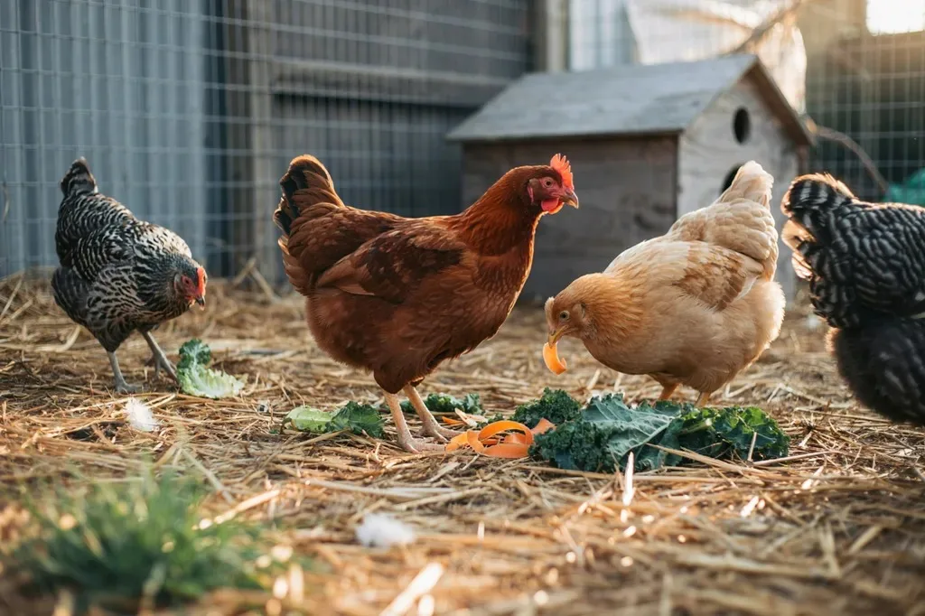 Backyard hens eating greens and scraps in a sunny run