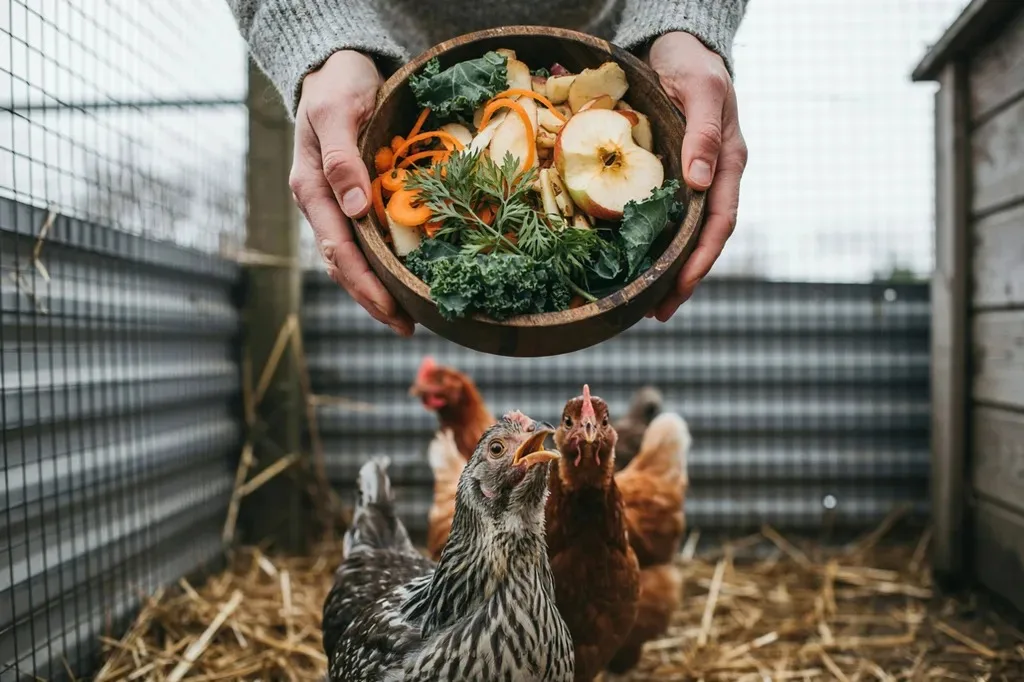 A bowl of vegetable peels and greens ready for backyard chickens