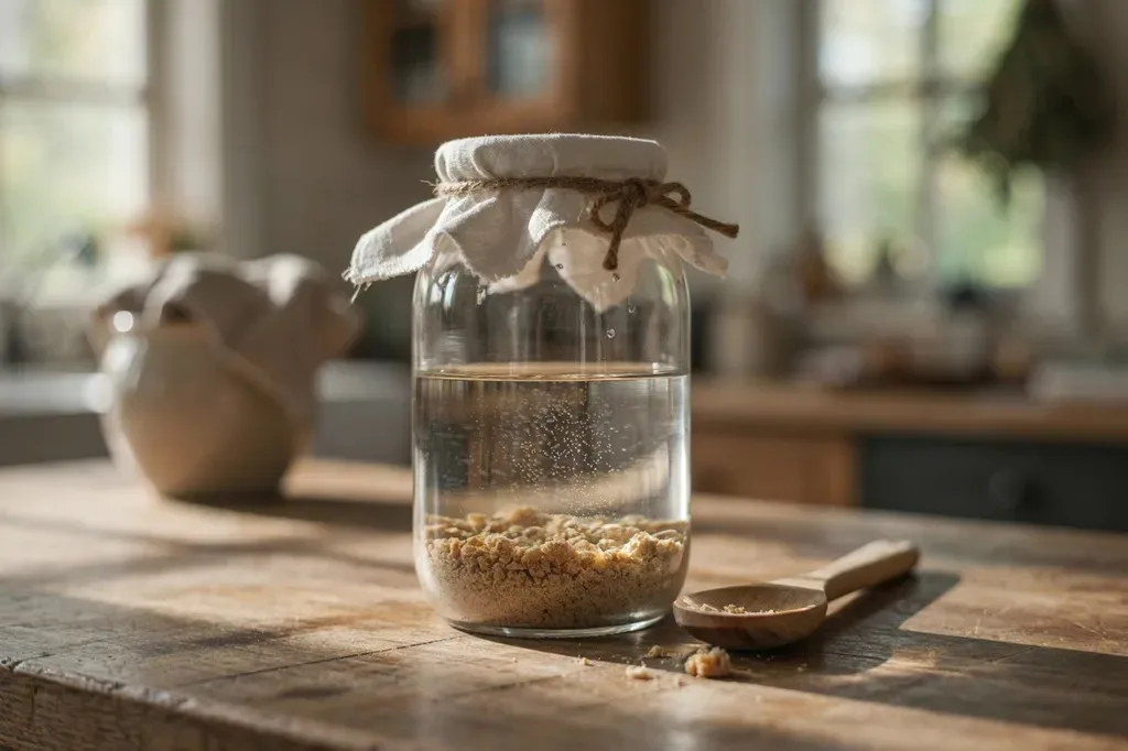 A glass jar of fermenting chicken feed on a kitchen counter