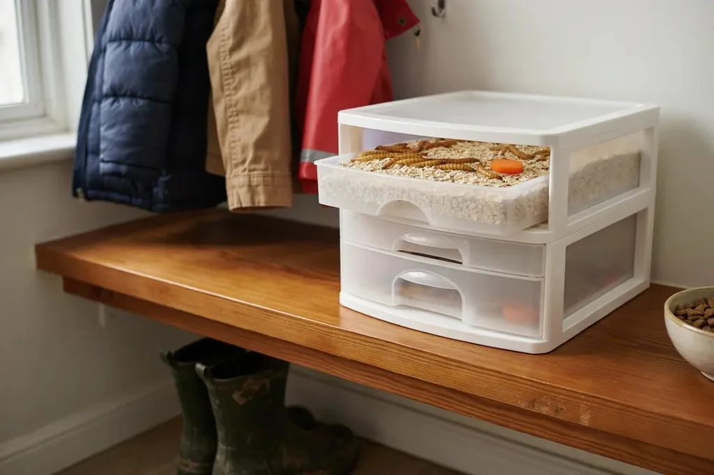 A plastic drawer set used as an indoor mealworm farm