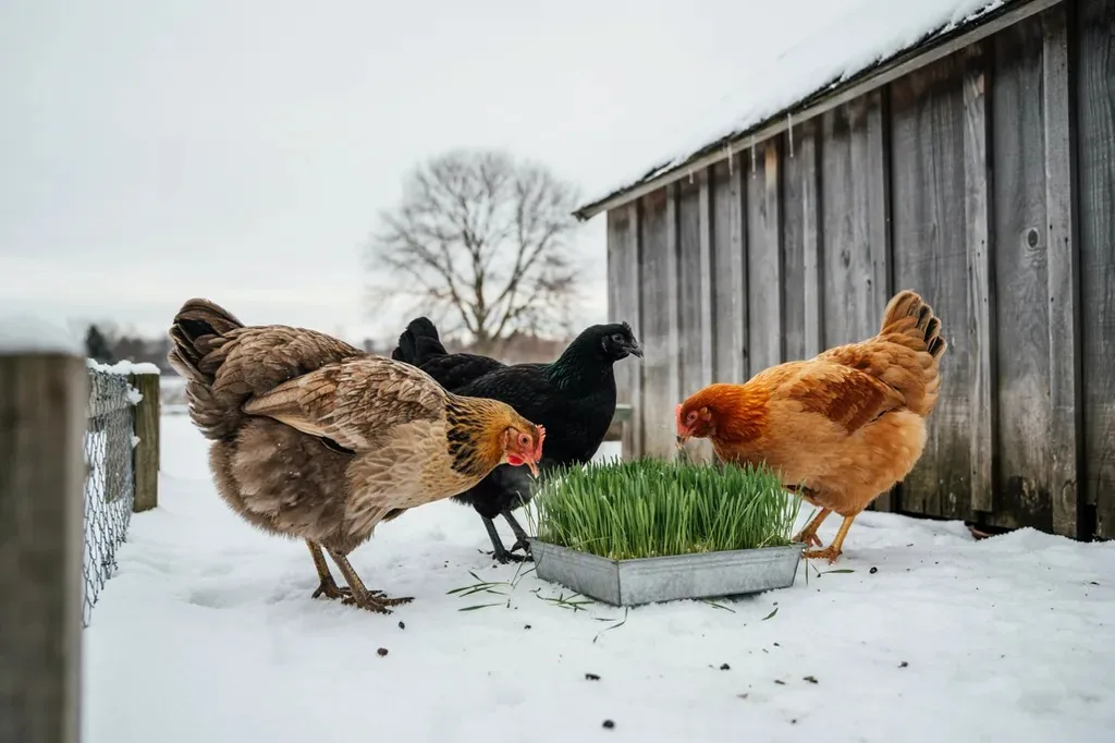 Hens in a snowy run pecking at fresh sprouted greens