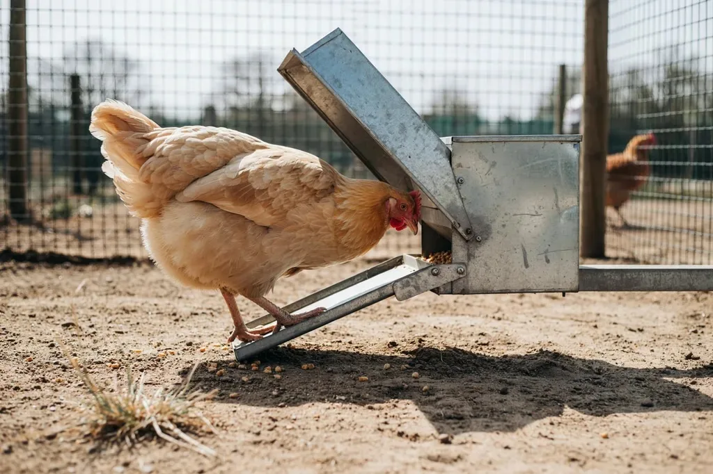 A hen stepping on a treadle feeder to open the lid