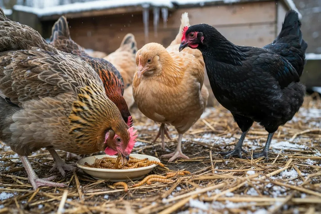 Hens eating mealworms from a dish in a winter run