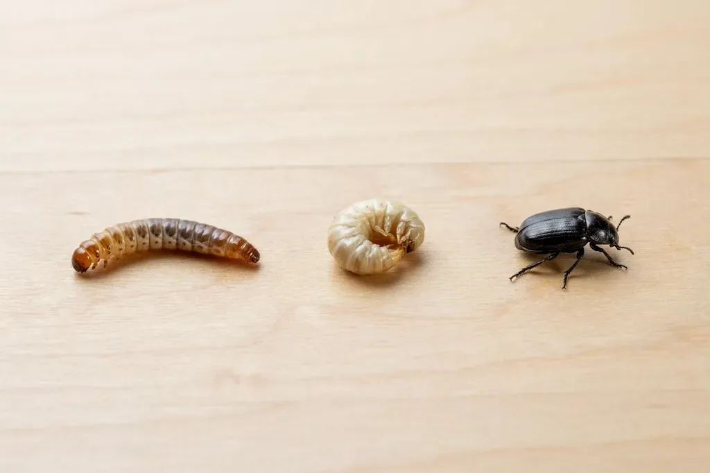 Mealworm life stages: larva, pupa and darkling beetle