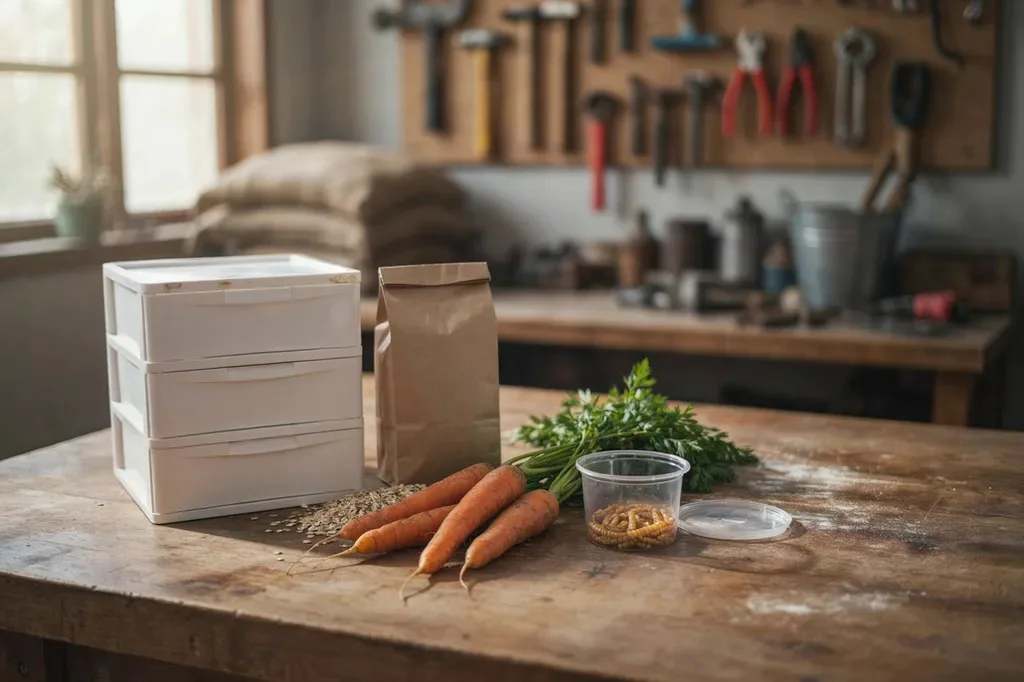 Plastic drawer unit, oats, carrots and live mealworms