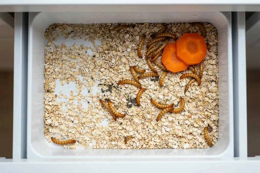 An open plastic drawer filled with oat bedding and mealworms