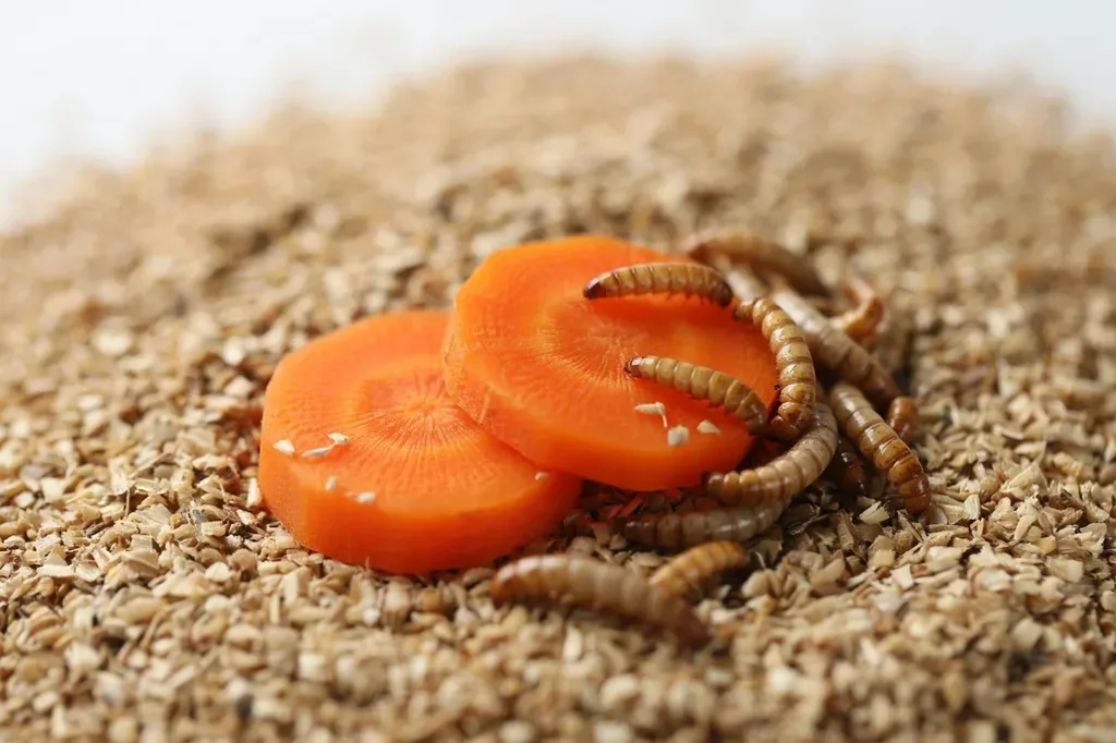 Fresh carrot slices on top of dry mealworm bedding