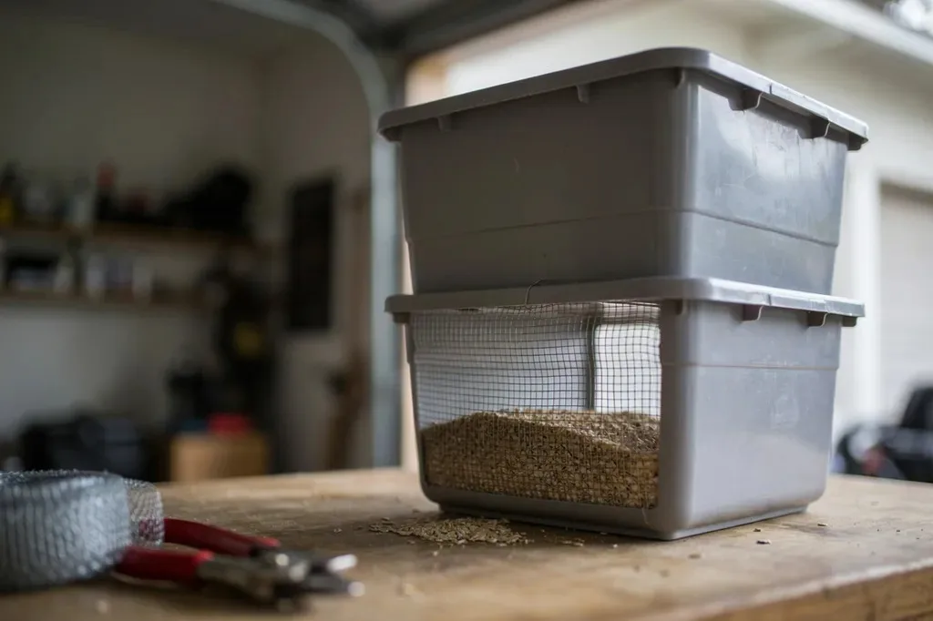 Two stacked plastic totes with a mesh bottom for a self-sorting mealworm farm