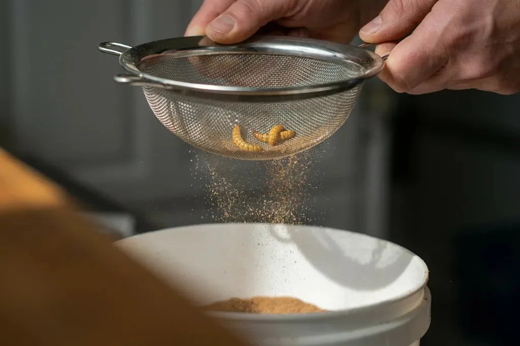 Sifting mealworm frass through a mesh sieve over a bucket