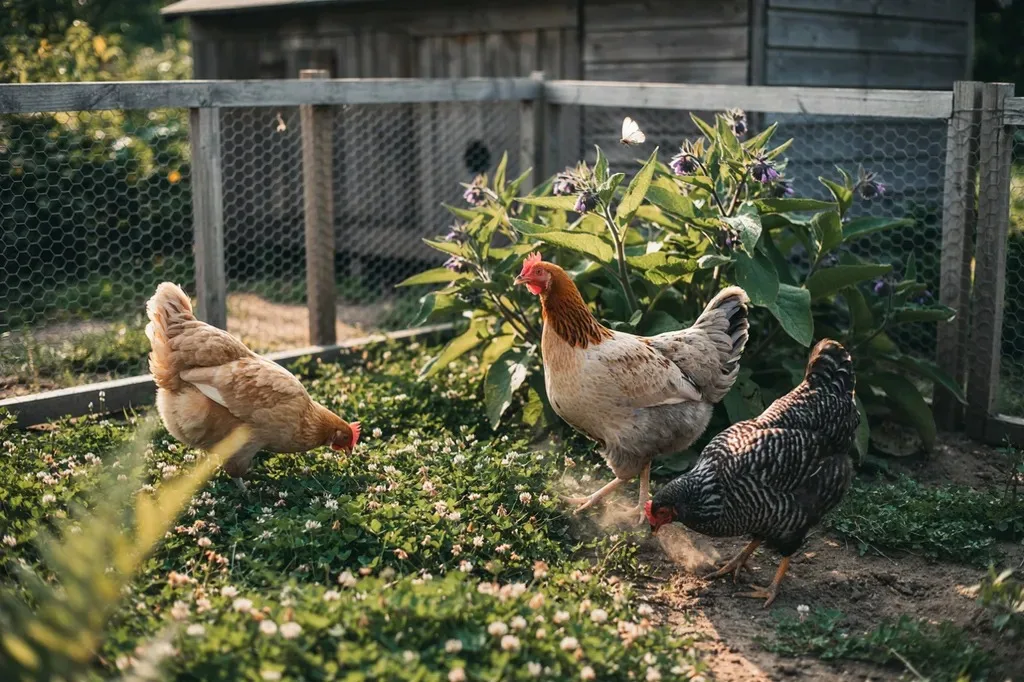 Hens foraging among leafy perennial plants beside their run