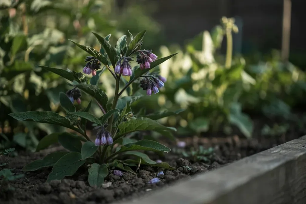 Large comfrey leaves growing in a backyard bed