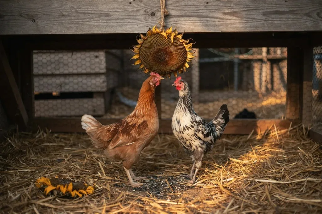 Chickens pecking seeds from a hanging sunflower head