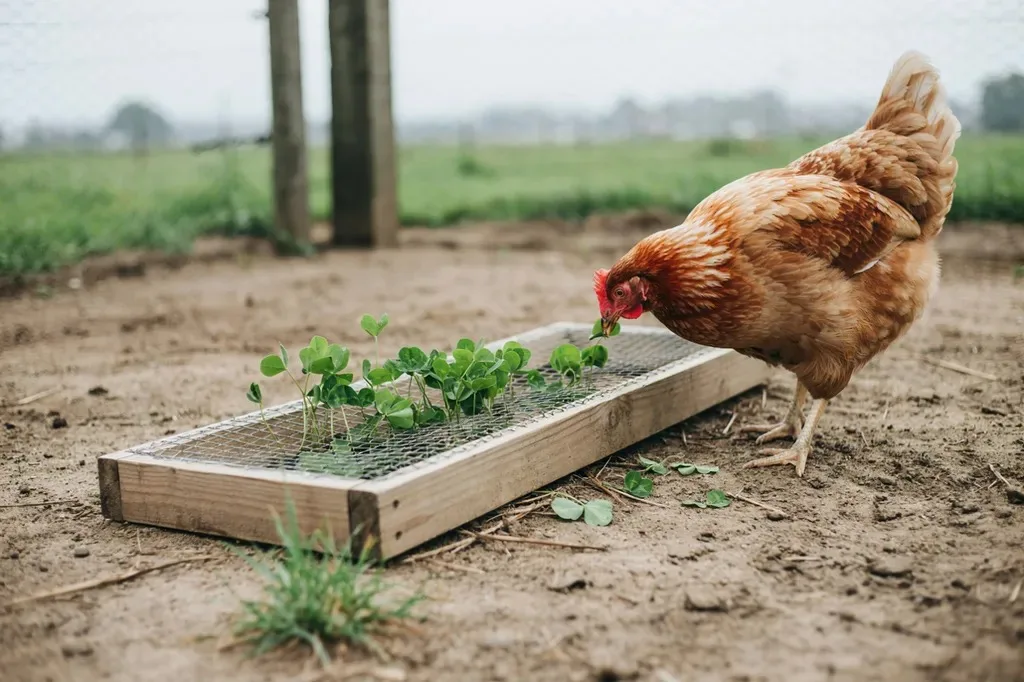 A wooden grazing frame with greens growing through wire mesh