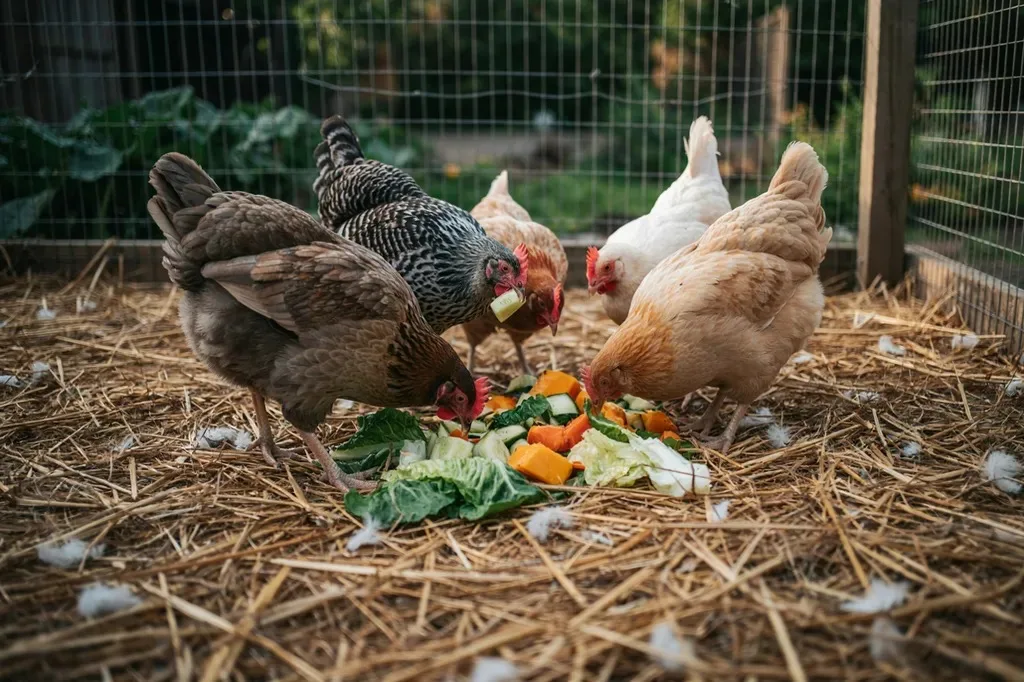 Backyard hens eating vegetable scraps in the run