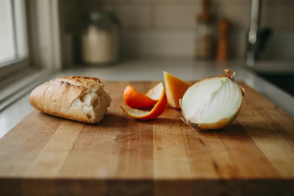Bread, citrus and onions on a cutting board
