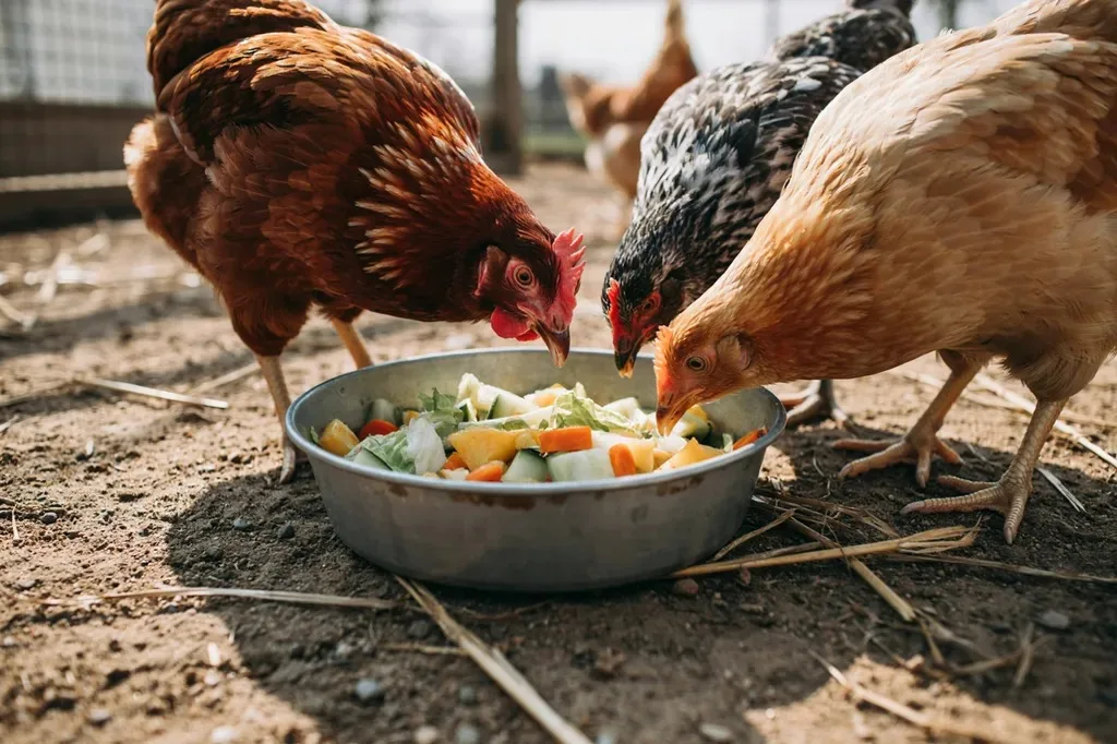 Chopped vegetable scraps in a shallow pan in the chicken run
