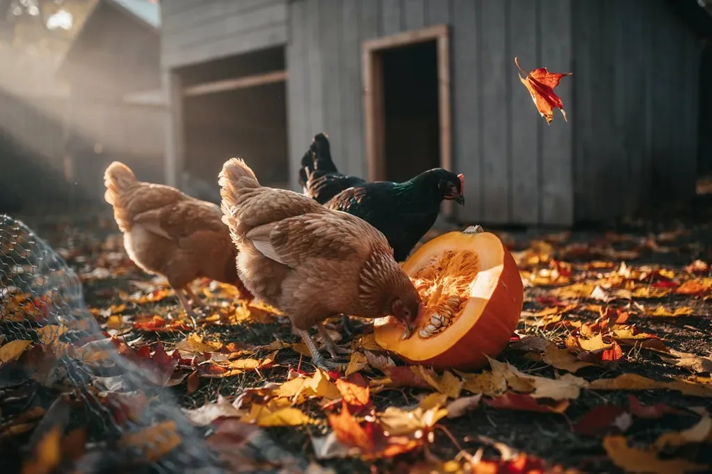 Hens pecking at a halved pumpkin in autumn